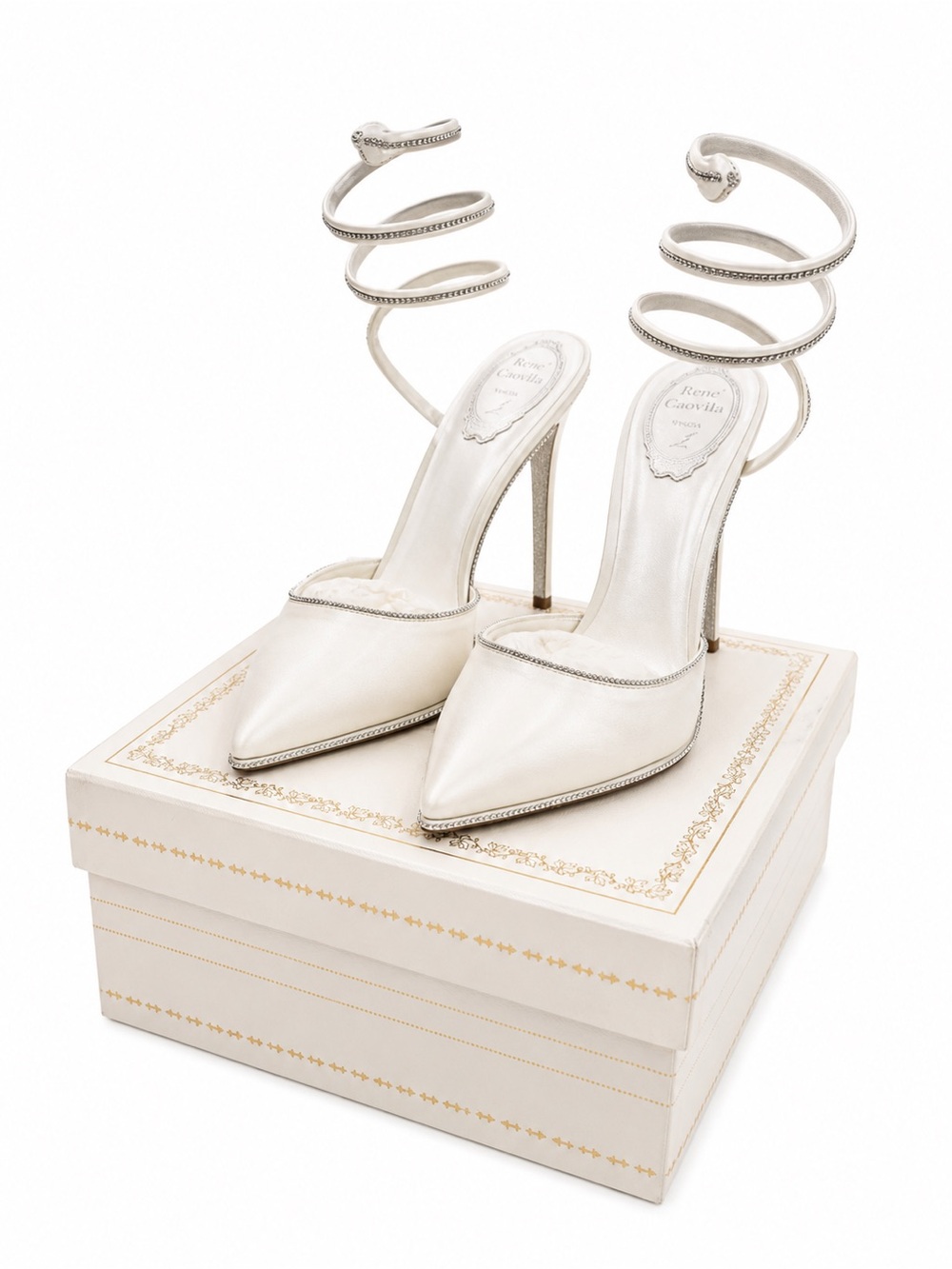 Rene Caovilla White Pointed Toe Wrap-Ankle Stilettos